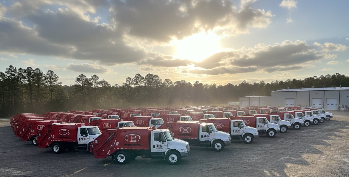 Bowdon Disposal Truck Fleet Lined Up in Yard